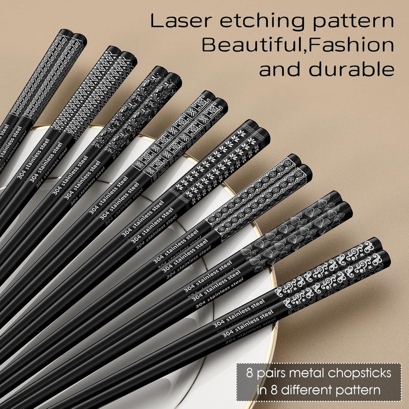 NEWDRIP 8 Pairs Metal Chopsticks Reusable Black Stainless Steel Chopsticks Set Laser Engraved Non-slip Japanese Korean Chinese Chopstick for Cooking Eating Dishwasher Safe 9.25" Chop Sticks Gift Set - Image 2