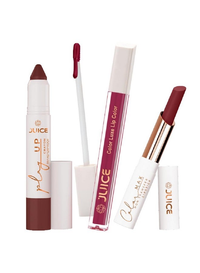 Juice Long Lasting, 3pc Lipstick Combo Set For Women(Hold My Latte-MCR04 Lip Crayon, Plum Tart-M14 Liquid Lipstick, Firecracker-M06 Slim Stick) - Image 1