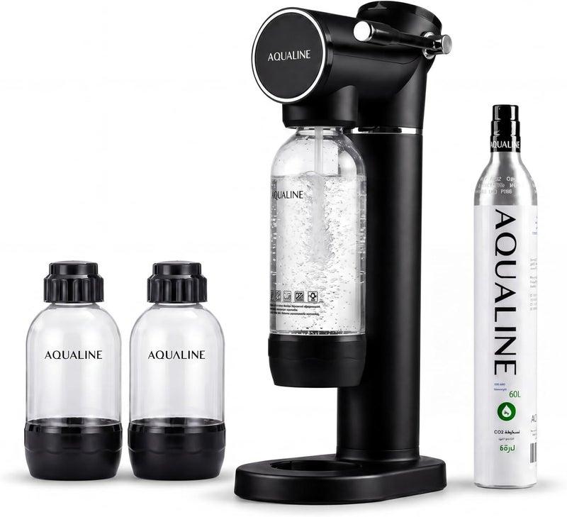 Aqualine Essence Sparkling Water Maker, Starter Kit | Home Soda Maker | 1x 60L CO2 Cylinder, 1L & 2x 500ml BPA-Free Bottles | Proudly Saudi | Black - Image 1