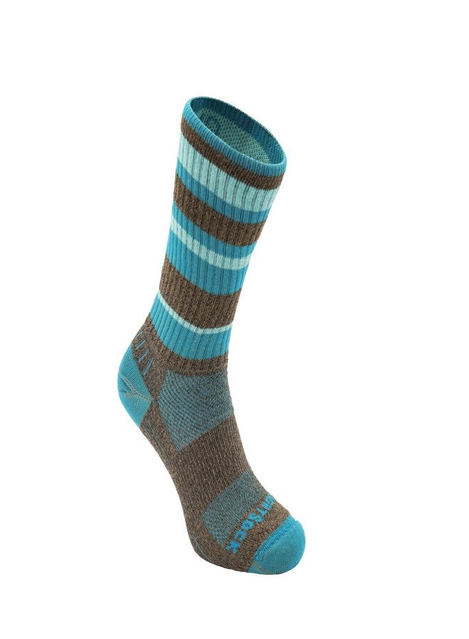 Wrightsock Unisex Adventure Crew Socks, Brown/Teal Stripe, Large - Image 1