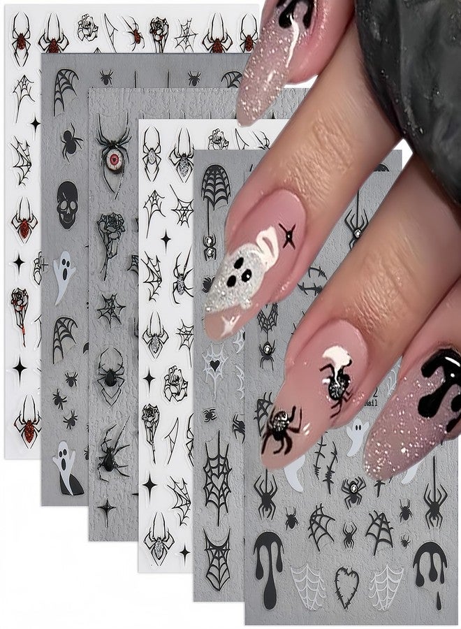 BYJKYEN Spider Ghost Nail Stickers for Nail Art, Halloween Cute Spider Web Crystal Diamond Spider Design Nail Decals 3D Self-Adhesive Halloween Nail Art Stickers Holiday Nail Decoration for Women 6Sheets - Image 1