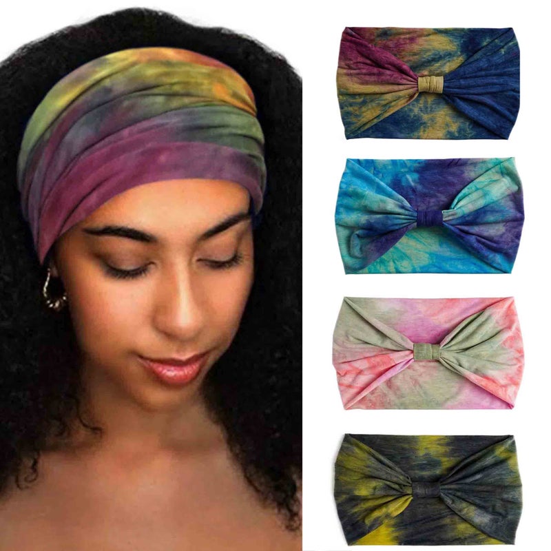 Aceorna Wide Headbands Stretch Turban Knotted Hairbands Elastic Yoga Workout Sweatband Running Sport Head Scarf Large African Head Wraps for Women 4 Pcs (Set A) - Image 1
