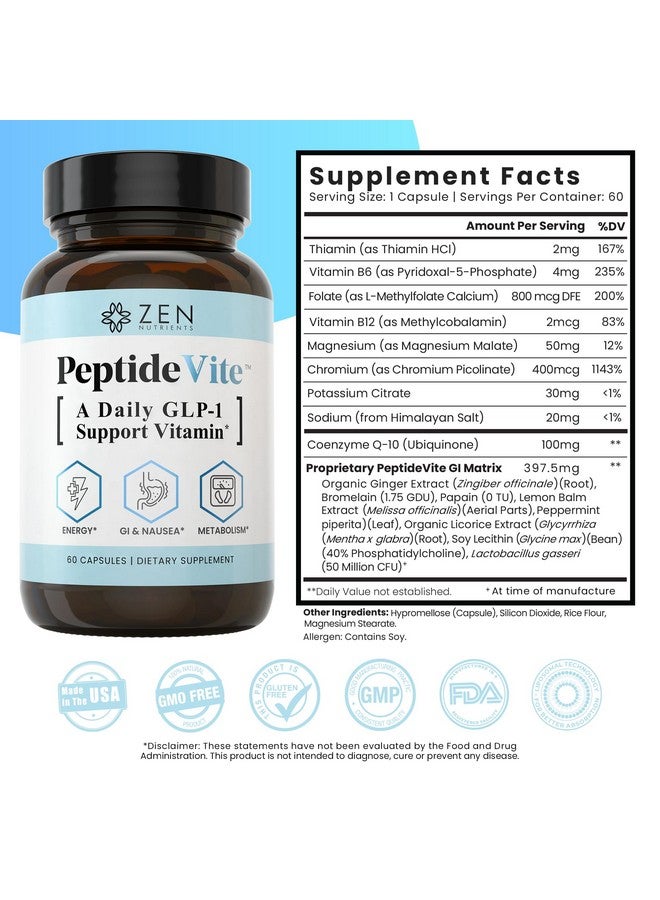 Zen Nutrients PeptideVite GLP-1 Support Vitamin for Gut Health with Probiotics, Bromelain, Chromium Picolinate & Organic Ginger (60 Capsules) - Image 4