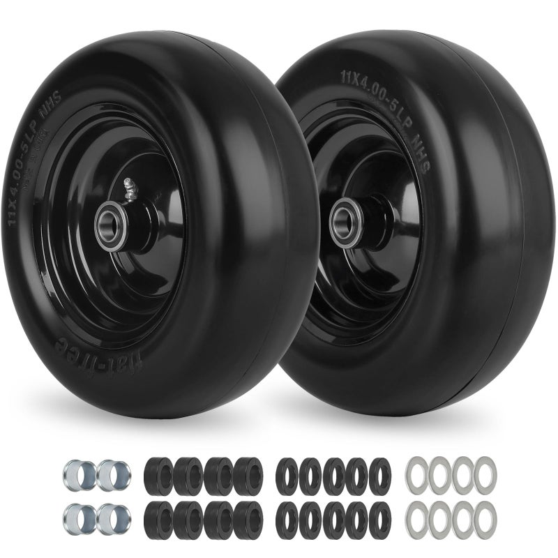 GICOOL 11x4.00-5â€ Flat Free Lawn Mower Tire and Wheel with Bearing Bore 3/4" or 5/8", 3.4"-4"-4.5"-5" Centered Hub, Smooth Tread Tire for Zero Turn Mowers, 2 Pack - Image 1