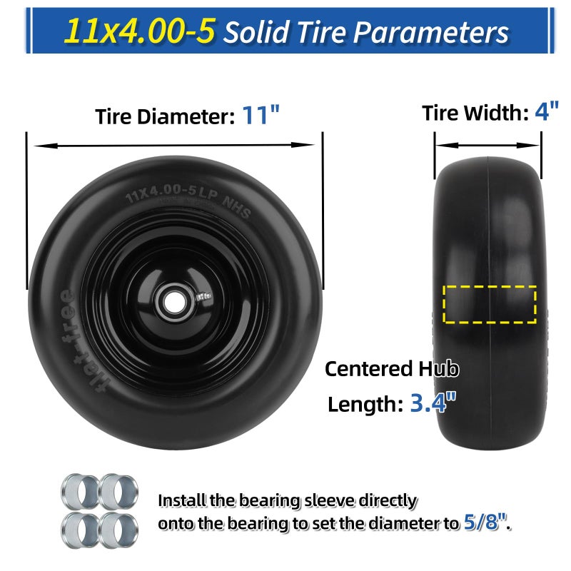 GICOOL 11x4.00-5â€ Flat Free Lawn Mower Tire and Wheel with Bearing Bore 3/4" or 5/8", 3.4"-4"-4.5"-5" Centered Hub, Smooth Tread Tire for Zero Turn Mowers, 2 Pack - Image 4