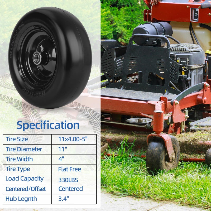 GICOOL 11x4.00-5â€ Flat Free Lawn Mower Tire and Wheel with Bearing Bore 3/4" or 5/8", 3.4"-4"-4.5"-5" Centered Hub, Smooth Tread Tire for Zero Turn Mowers, 2 Pack - Image 2