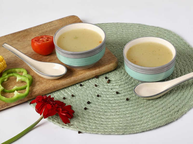 Crock Comforts Ceramic Handcrafted Stoneware Aqua Seagreen Soup Bowl/Serving Bowl(4" Diameter) with Free Soup Spoon-Set of 2(350ml,Microwave & Dishwasher Safe,CC-GSP02)|Soup Bowl Set for Kitchen - Image 1