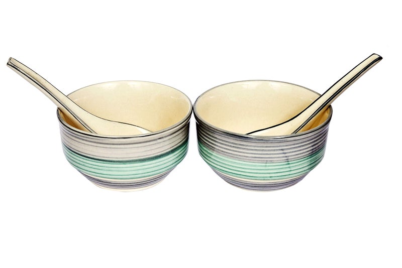 Crock Comforts Ceramic Handcrafted Stoneware Aqua Seagreen Soup Bowl/Serving Bowl(4" Diameter) with Free Soup Spoon-Set of 2(350ml,Microwave & Dishwasher Safe,CC-GSP02)|Soup Bowl Set for Kitchen - Image 2