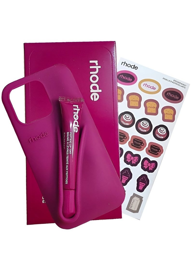 rhode - Phone Case Combo for iPhone 16 Pro Max – Peptide Lip Gloss + Stylish Salty Tan Silicone Case with Tote Bag & Stickers | All-in-One Gift Set for Girls & Women | Perfect for Birthdays, Holidays & Special Occasions – Complete Accessory Kit (Maroon) - Image 1