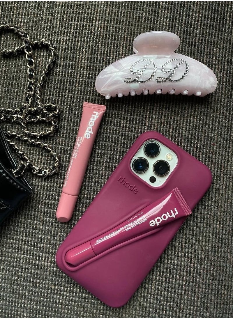 rhode - Phone Case Combo for iPhone 16 Pro Max – Peptide Lip Gloss + Stylish Salty Tan Silicone Case with Tote Bag & Stickers | All-in-One Gift Set for Girls & Women | Perfect for Birthdays, Holidays & Special Occasions – Complete Accessory Kit (Maroon) - Image 1