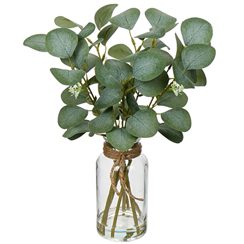 Briful Artificial Eucalyptus Stems in Glass Vase with Faux Water, 14" Fake Plant Eucalyptus Leaves for Home Bathroom Office Farmhouse Wedding Centerpiece Décor - Image 1