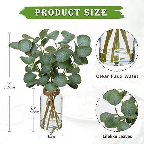 Briful Artificial Eucalyptus Stems in Glass Vase with Faux Water, 14" Fake Plant Eucalyptus Leaves for Home Bathroom Office Farmhouse Wedding Centerpiece Décor - Image 2