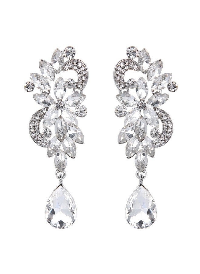 BriLove Women'S Wedding Bridal Dangle Earrings Bohemian Boho Crystal Flower Chandelier Teardrop Bling Earrings Clear Silver-Tone - Image 1