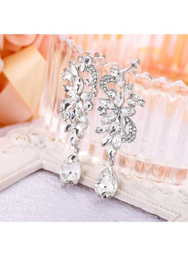 BriLove Women'S Wedding Bridal Dangle Earrings Bohemian Boho Crystal Flower Chandelier Teardrop Bling Earrings Clear Silver-Tone - Image 5