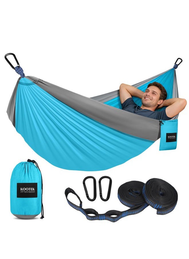 Kootek Camping Hammock Single Portable Hammocks Camping Accessories for Outdoor, Indoor, Backpacking, Travel, Beach, Backyard, Patio, Hiking, Sky Blue & Grey - Image 1