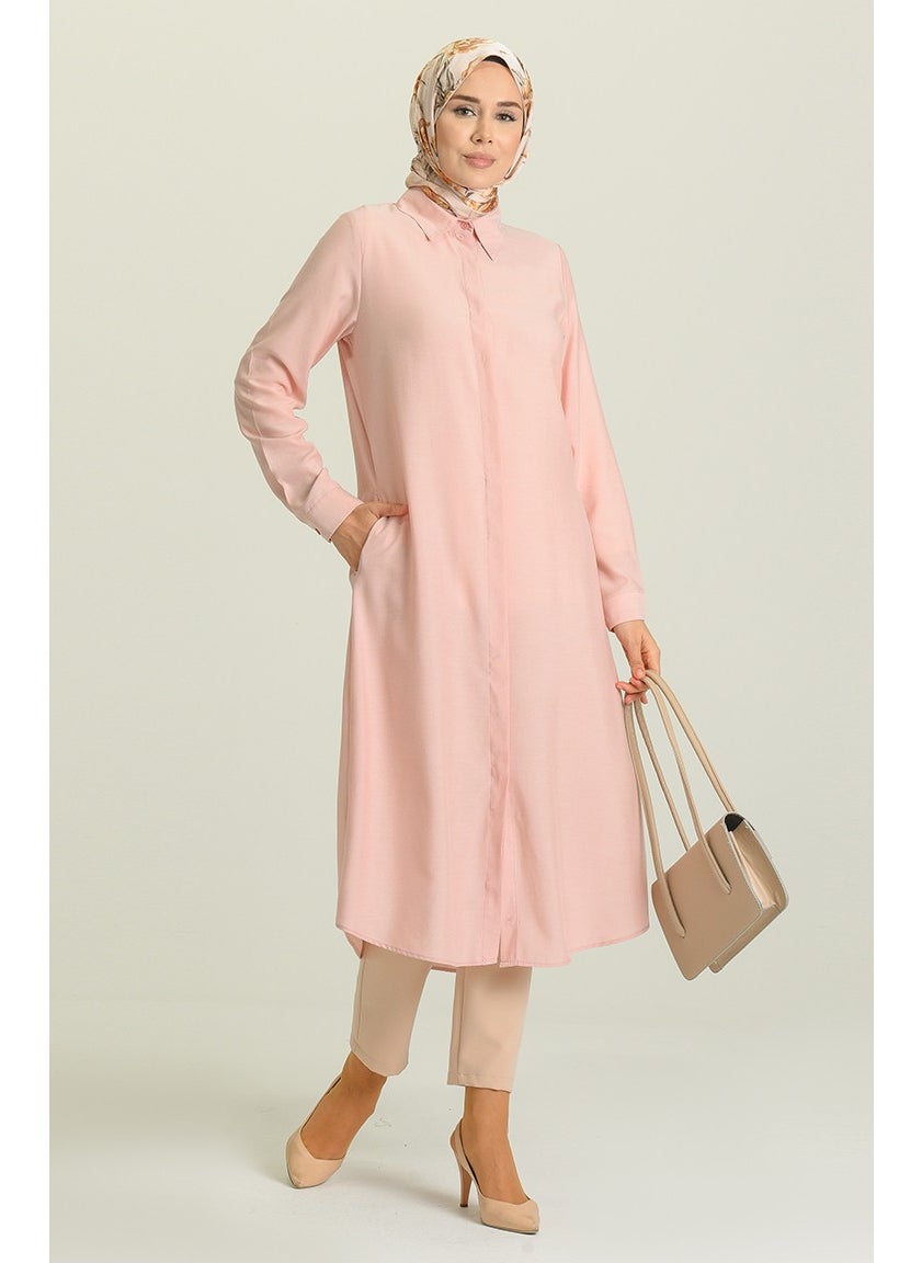 Sefa Merve Pocket Hidden Placket Viscose Tunic 6435-19 Powder  - Image 1