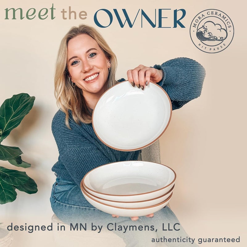 Mora Ceramic Large Pasta Bowls 30oz, Set of 4 - Serving, Salad, Dinner, etc Plate/Wide Bowl - Microwave, Oven, Dishwasher Safe Kitchen Dinnerware - Modern Porcelain Stoneware Dishes, Vanilla White - Image 3