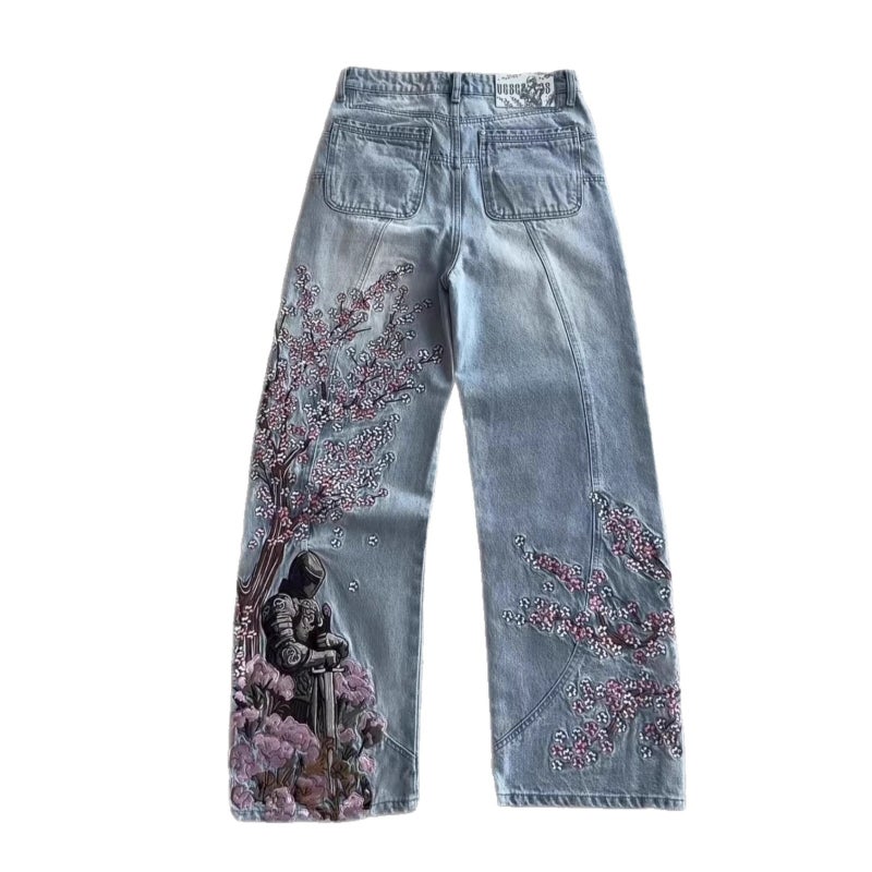 general Vescartes Vintage Wide Leg Cherry Blossom Embroidery Jeans for Men and Women - Image 4
