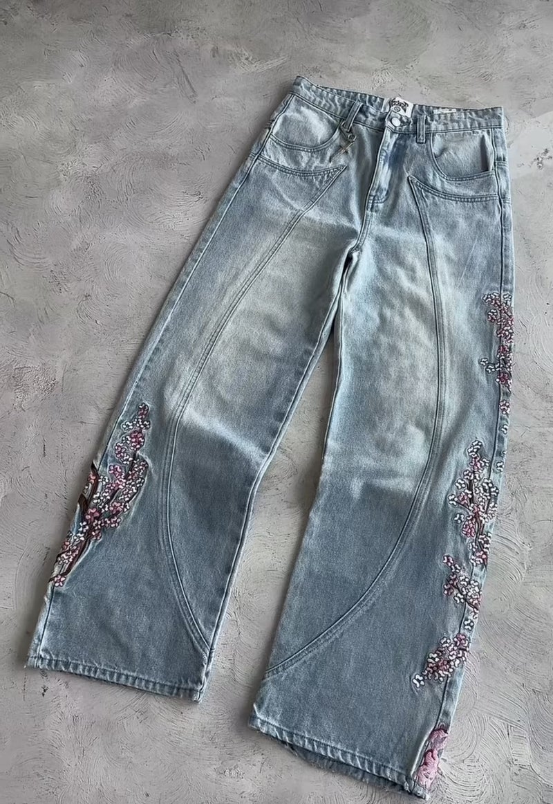 general Vescartes Vintage Wide Leg Cherry Blossom Embroidery Jeans for Men and Women - Image 1