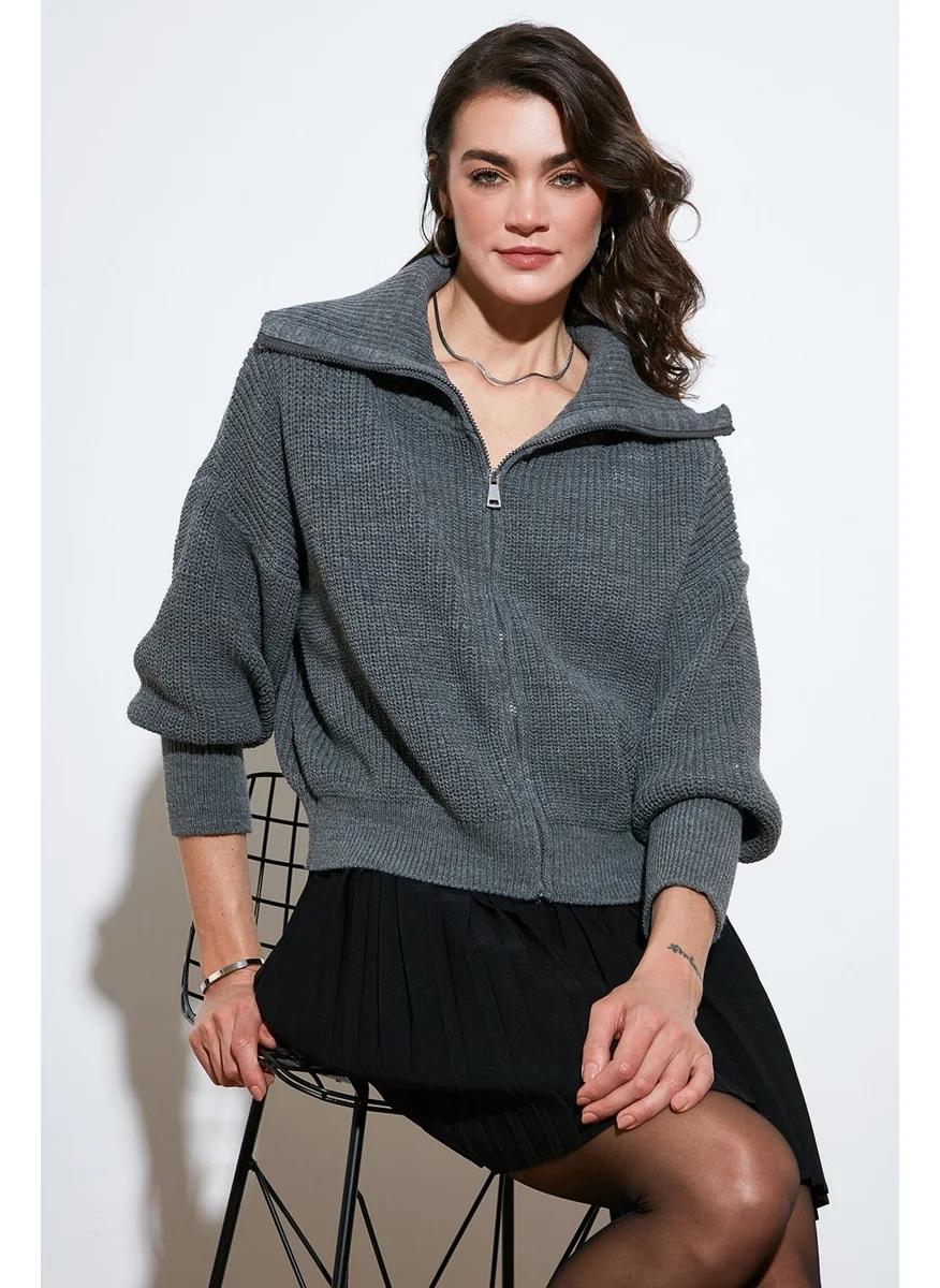 Lela Standard Fit Balloon Sleeve Zippered Selanik Knitted Cardigan Women's Cardigan 4615562