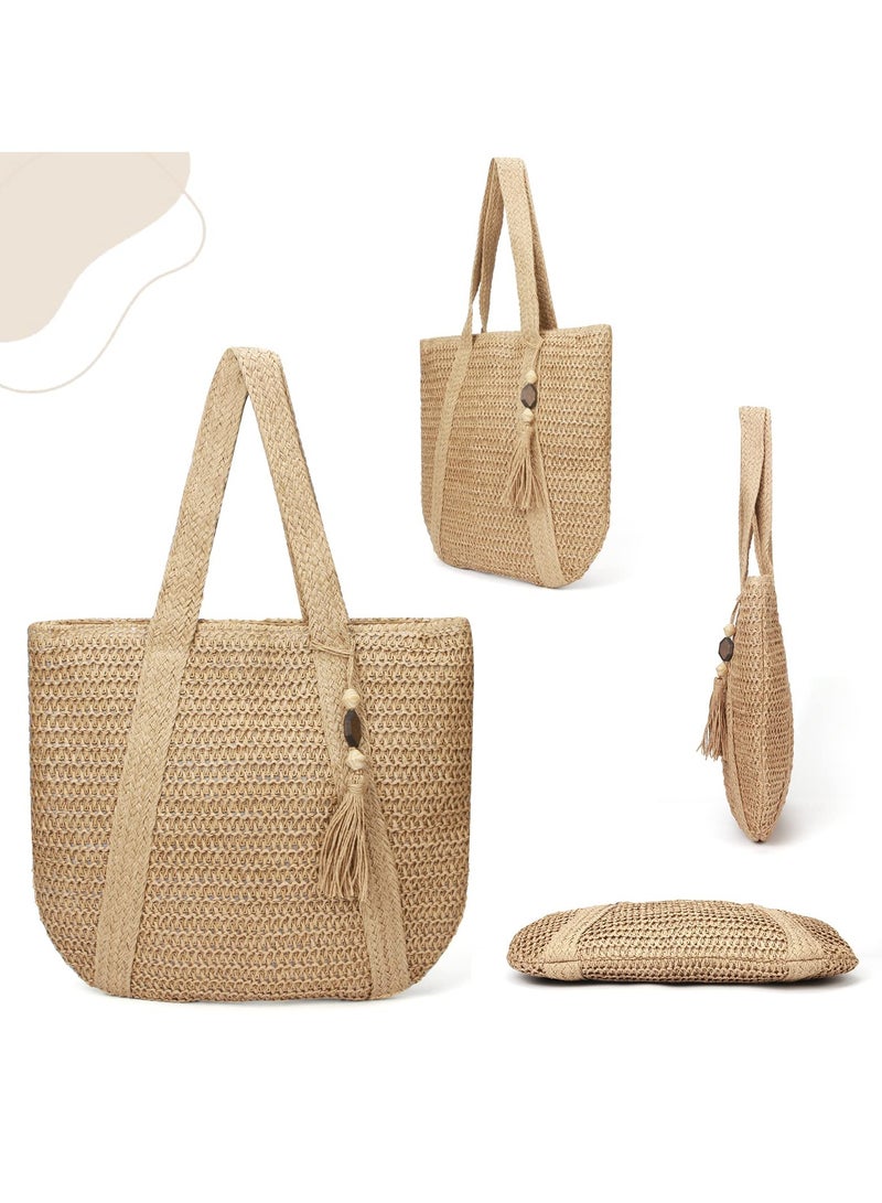 Zikra Straw Beach Bag for Women, Large Straw Shoulder Bag Handmade Weave Tote Bag Bohemian Straw Bag Summer Beach Bag Crochet Wicker Bag with Zipper - Image 4