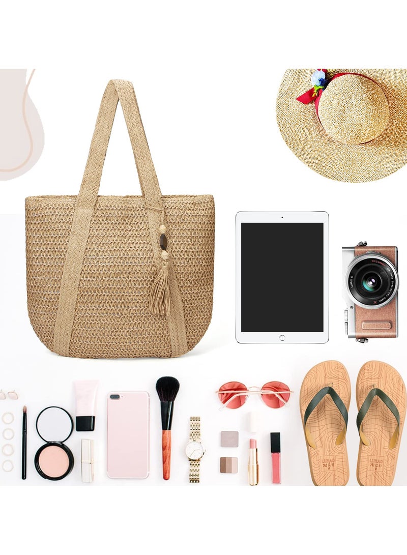 Zikra Straw Beach Bag for Women, Large Straw Shoulder Bag Handmade Weave Tote Bag Bohemian Straw Bag Summer Beach Bag Crochet Wicker Bag with Zipper - Image 3