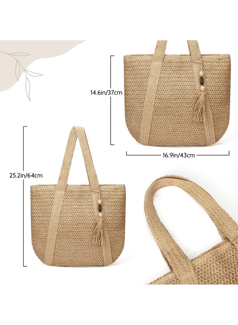 Zikra Straw Beach Bag for Women, Large Straw Shoulder Bag Handmade Weave Tote Bag Bohemian Straw Bag Summer Beach Bag Crochet Wicker Bag with Zipper - Image 2