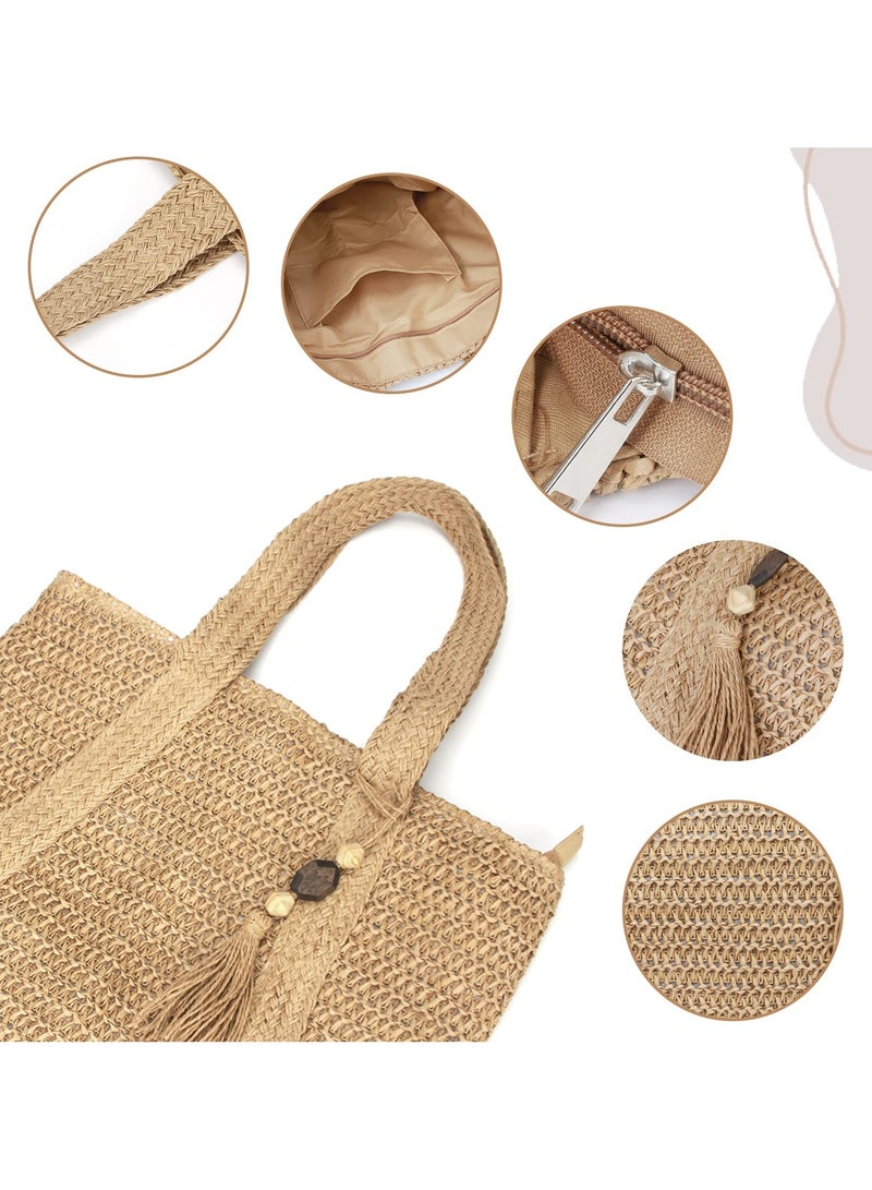 Zikra Straw Beach Bag for Women, Large Straw Shoulder Bag Handmade Weave Tote Bag Bohemian Straw Bag Summer Beach Bag Crochet Wicker Bag with Zipper - Image 5