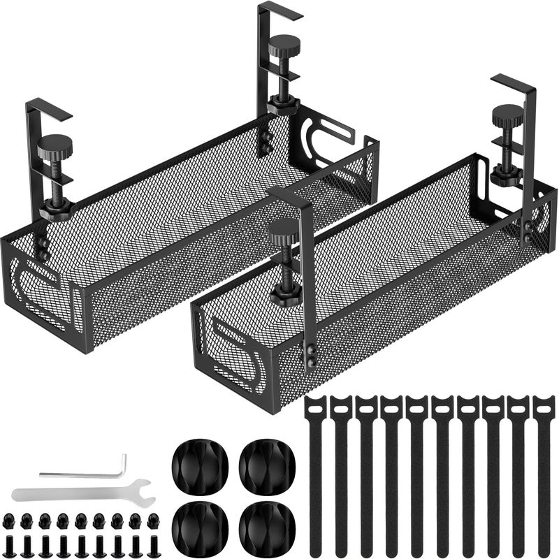 Mzmaxy Cable Management, 2 Pack Cable Management Under Desk No Drill, Metal Cord Organizer with Clamp for Standing Desk, Cable Organizer for Home Office, Black - Image 1