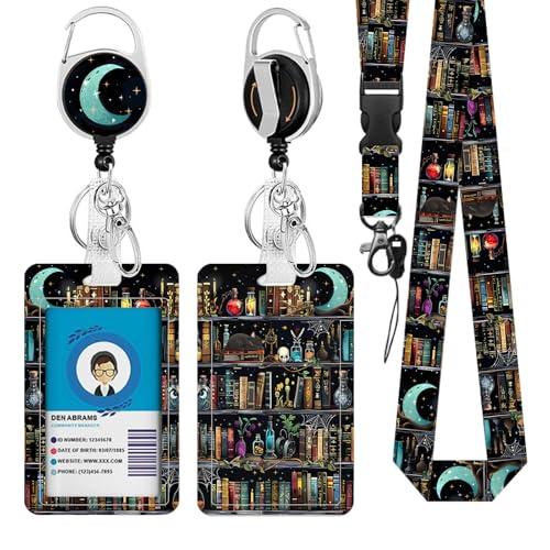 Vorruil Book Lanyards for ID Badge, Library Cat ID Badge Holder with Retractable Reel Clip Keychain, Gifts for Librarian, Gothic Identity Badge Cover Case Protector for Teacher - Image 1