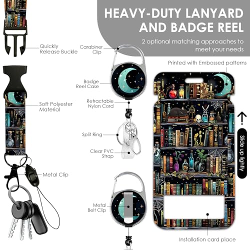 Vorruil Book Lanyards for ID Badge, Library Cat ID Badge Holder with Retractable Reel Clip Keychain, Gifts for Librarian, Gothic Identity Badge Cover Case Protector for Teacher - Image 3