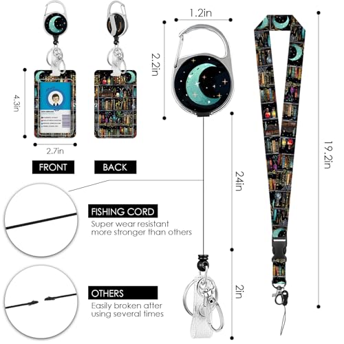 Vorruil Book Lanyards for ID Badge, Library Cat ID Badge Holder with Retractable Reel Clip Keychain, Gifts for Librarian, Gothic Identity Badge Cover Case Protector for Teacher - Image 2