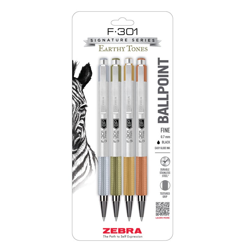 Zebra Pen قلم حبر جاف قابل للسحب من سلسلة التوقيع F-301 من زيبرا، 0.7 مم، حبر أسود سهل الانزلاق، جسم من الفولاذ المقاوم للصدأ مع لمسات بلون الأرض، مثالي للاستخدام في المكتب، والمجلة، والمخطط، عبوة 4 أقلام (27304) - Image 1