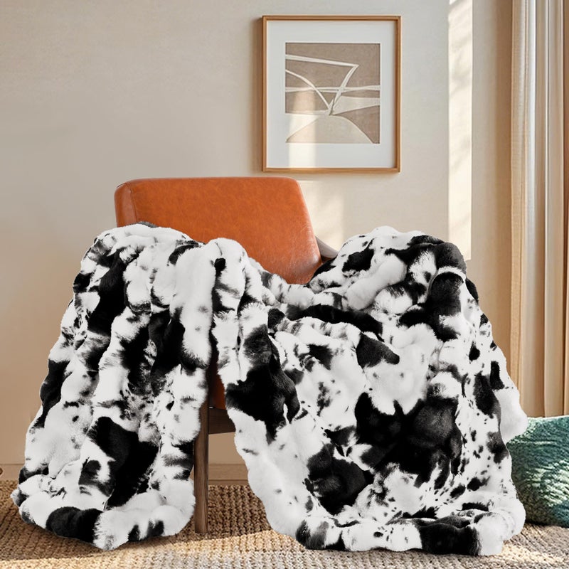 Touchat Cow Print Blanket for Couch, Faux Fur Throw Blanket, Super Heavy Warm Cozy Blankets for Bed Sofa, Bubble Plush Fuzzy Soft Mink Blanket for Living Room Bedroom, Cow Black - Image 1