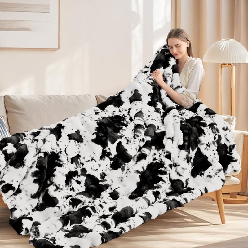 Touchat Cow Print Blanket for Couch, Faux Fur Throw Blanket, Super Heavy Warm Cozy Blankets for Bed Sofa, Bubble Plush Fuzzy Soft Mink Blanket for Living Room Bedroom, Cow Black - Image 5