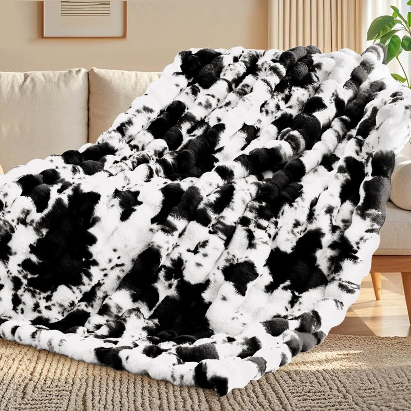 Touchat Cow Print Blanket for Couch, Faux Fur Throw Blanket, Super Heavy Warm Cozy Blankets for Bed Sofa, Bubble Plush Fuzzy Soft Mink Blanket for Living Room Bedroom, Cow Black - Image 3