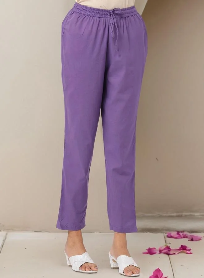 ISHIN Women's Purple 100% Cotton Embroidered Tunic Full Length Palazzo Straight Fit Kurta Set