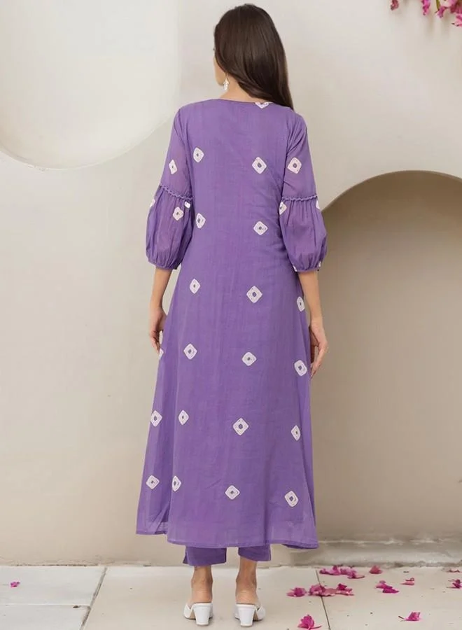 ISHIN Women's Purple 100% Cotton Embroidered Tunic Full Length Palazzo Straight Fit Kurta Set