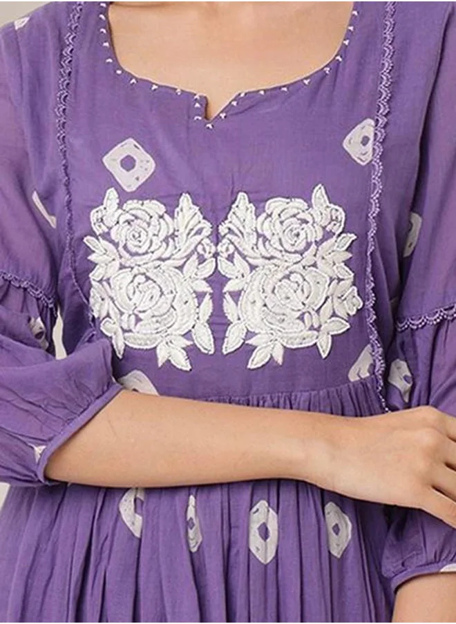 ISHIN Palazzo Women Purple Cotton Kurta Set with Embroidered pattern Tunic and Palazzo features a Round neckline and Three-Fourth Sleeve secured with Elastic closure and styled in Straight Fit ideal for Festive moments — designed to make heads turn.