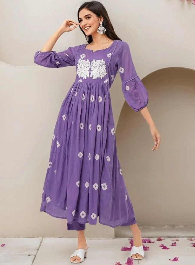 ISHIN Women's Purple 100% Cotton Embroidered Tunic Full Length Palazzo Straight Fit Kurta Set