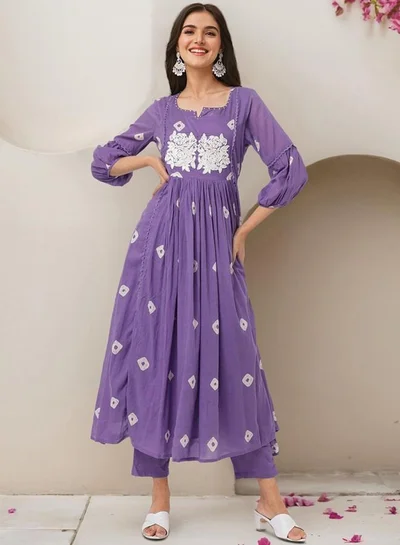 ISHIN Women's Purple 100% Cotton Embroidered Tunic Full Length Palazzo Straight Fit Kurta Set