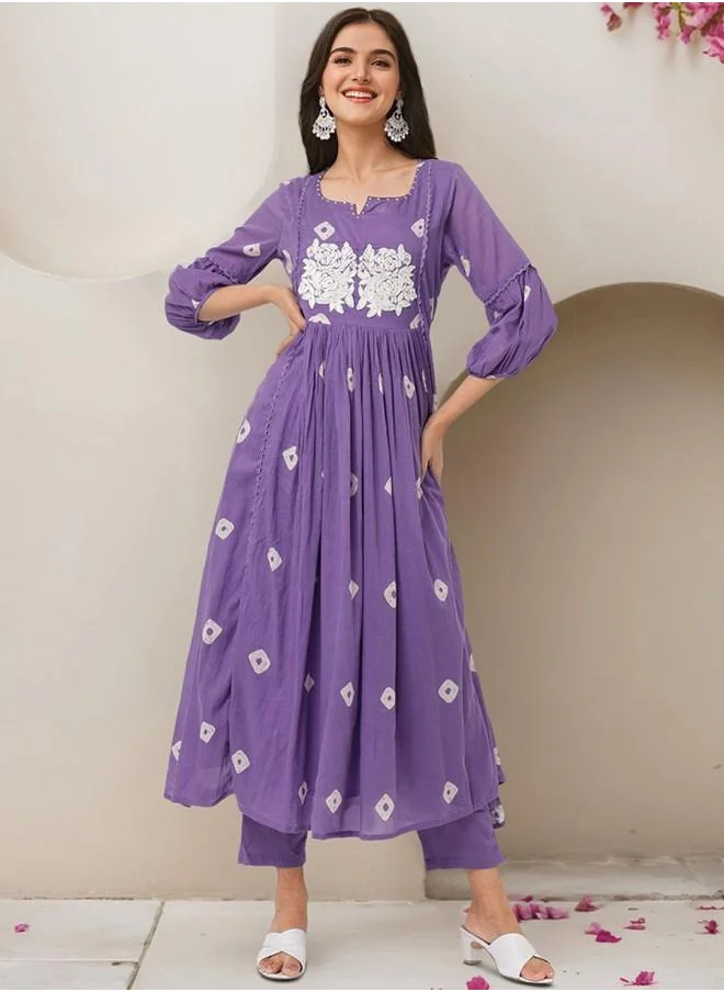 ISHIN Palazzo Women Purple Cotton Kurta Set with Embroidered pattern Tunic and Palazzo features a Round neckline and Three-Fourth Sleeve secured with Elastic closure and styled in Straight Fit ideal for Festive moments — designed to make heads turn.