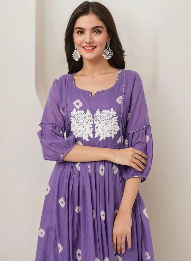 ISHIN Women's Purple 100% Cotton Embroidered Tunic Full Length Palazzo Straight Fit Kurta Set