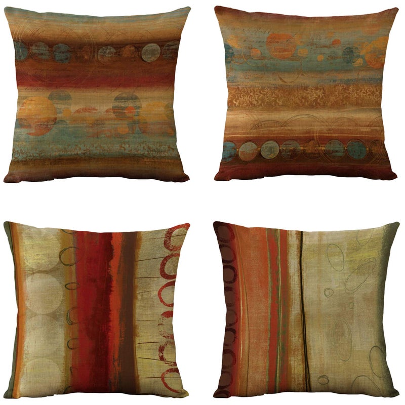 WOMHOPE Set of 4 Retro Throw Pillow Covers Oil Painting Burlap Toss Decoration Pillow Cases Square Cushion Cases 18 x 18 Inch for Living Room Couch and Bed (Brick red)