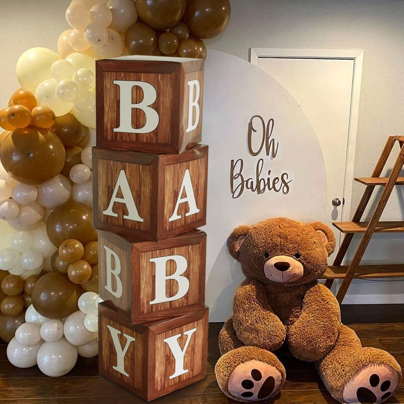 TREWAVE Wood Grain Printing Baby Shower Display Boxes Party Decorations Neutral Gender Reveal Party Backdrop Brown Teddy Bear Baby Stacking Blocks Backdrop with Letters for Boy Girl Birthday Party - Image 2