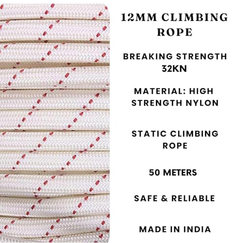 White Tech 12mm Climbing Static Rope Nylon 32 KN Breaking High Strength Industrial Safety Rope, Hiking Climbing Fire Escape Rappelling Construction Height Ideal (12MM 50MTR) - Image 2