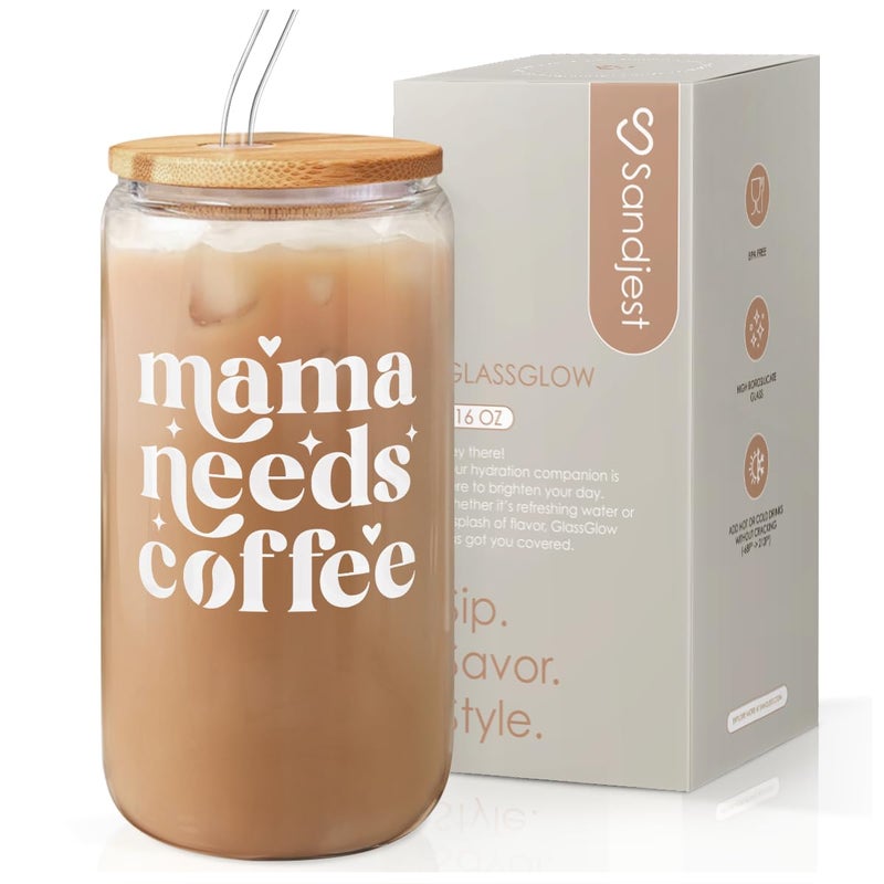 Mom Glass Can Mama Needs Coffee Cup with Lid Straw Iced Coffee Aesthetic Cups Idea Gifts for Christmas Birthday Mother Day Gifts for Women 16oz