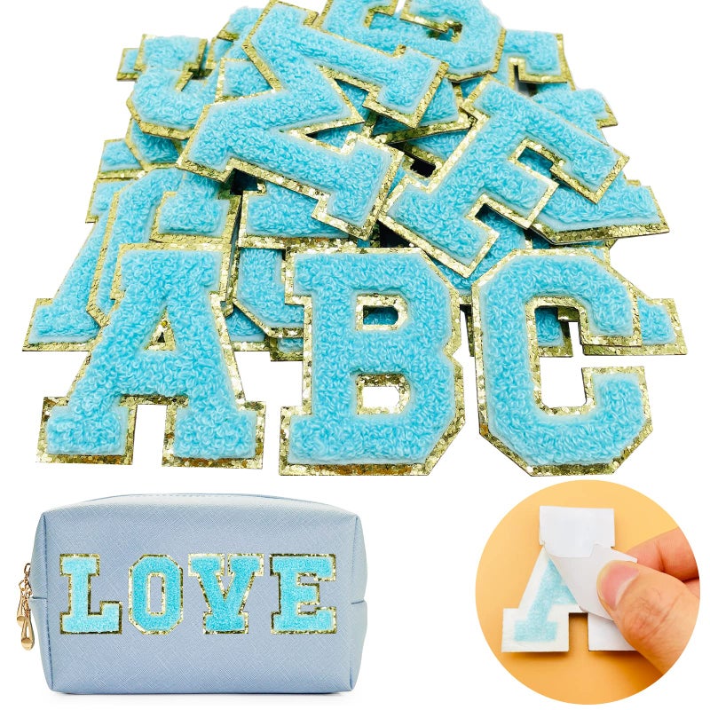Jongdari Chenille Letter Patches SelfAdhesive  IronOn Letters 52pcs Varsity Fuzzy Patch Glitter Alphabet  26pcs Blue