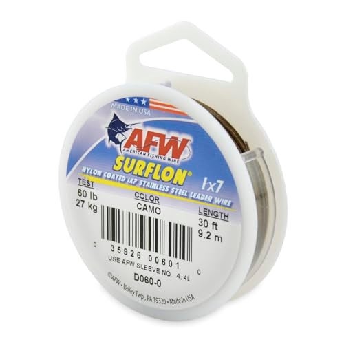 AFW American Fishing Wire Surflon, Nylon Coated 1x7 Stainless Steel Leader Wire, 60 lb Test, .032" Diameter, Camo, 30 ft - Image 1