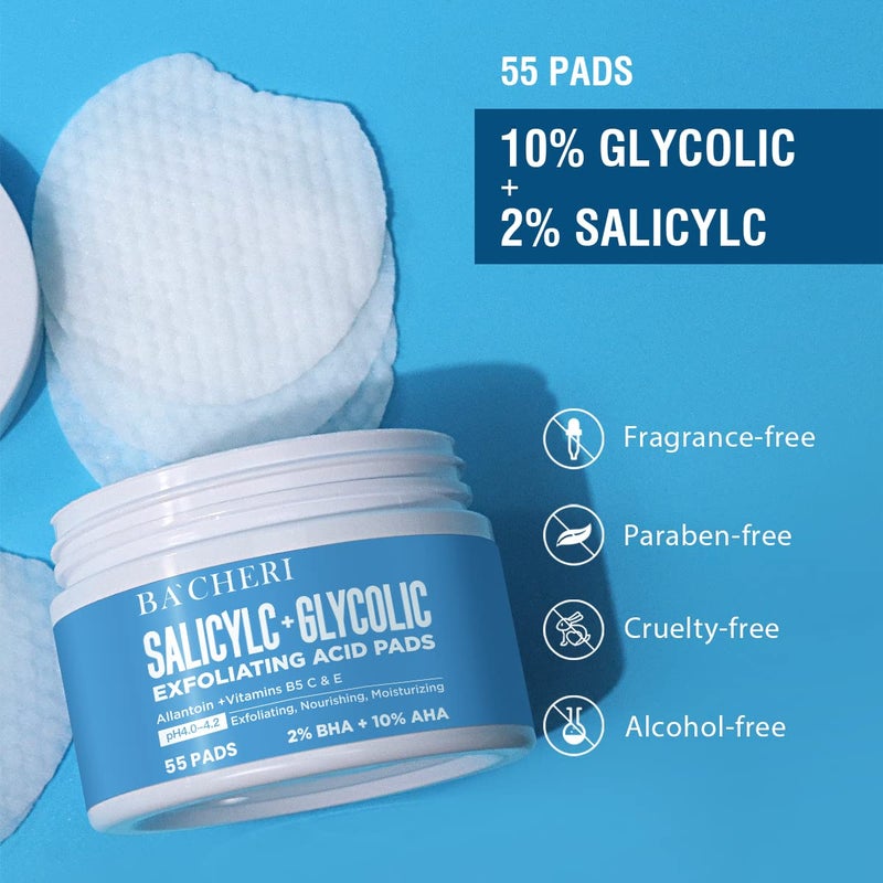 BACHERI 10% Glycolic Acid + 2% Salicylic Acid Peel Pads - BACHERI Resurfacing Pads For Face with Vitamins B5, C & E, Allantoin - Exfoliating Facial Peel for Dark Spots, Blackhead, Acne, 55 Pcs - Image 2
